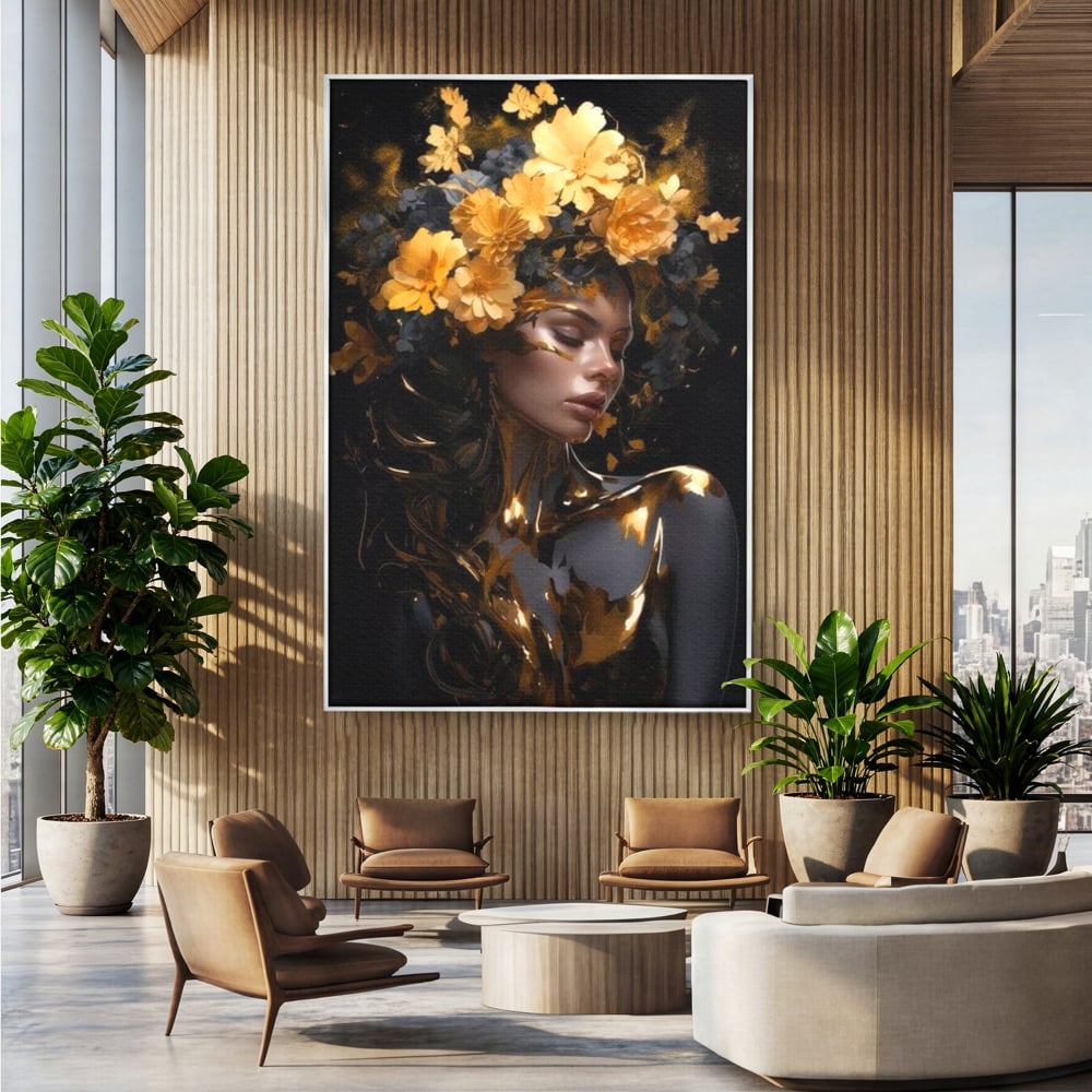 Tablou canvas cu tablou canvas cu portret de femeie aurita, in rama de aluminiu argintiu, pe perete intr-un birou